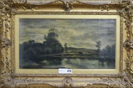 A 19th century French school,Oil on boardRiverlandscapeIndistinctly signed27 x 52cm