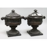 A pair of small iron urns