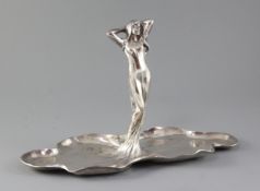 A WMF Art Nouveau silvered metal dish, modelled as a water nymph, width 14in.