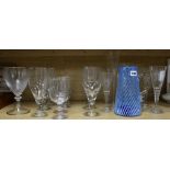 A group of assorted glasses, a blue glass jug and a Venetian goblet