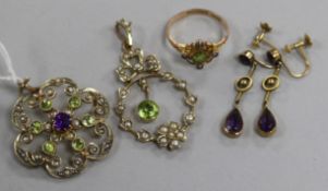 Two Edwardian 9ct gold gem set pendants, in Suffragette colours, a cluster ring and a pair of drop