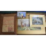 Two oil on ivorine miniatures, a watercolour landscape signed Varnell and a sample