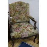 A 19th century French tapestry open armchair, W.72cm