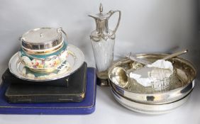 Two Egyptian white metal bowls, a similar waiter and a group of assorted plated wares