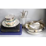 Two Egyptian white metal bowls, a similar waiter and a group of assorted plated wares