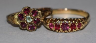 A Victorian gem set gold cluster ring and a five stone ruby ring