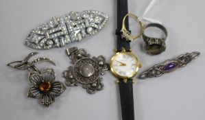 A Gucci ladies' wristwatch, cased, a small sapphire and diamond ring, four items of silver jewellery