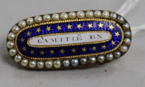A French yellow metal, enamel and pearl oval 'friendship' brooch, late 18th/early 19th century,