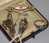 A Victorian gold and diamond bar brooch, a pendant, a Victorian gold and turquoise ring and two fine