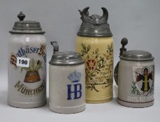 Four German pewter lidded stoneware steins, early 20th century