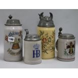 Four German pewter lidded stoneware steins, early 20th century