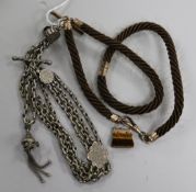 A Victorian silver Albert and a hairwork Albert with tiger's eye fob