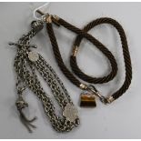 A Victorian silver Albert and a hairwork Albert with tiger's eye fob