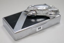 A Deco inkwell racing car and cigarette box