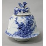 A Japanese blue and white lotus inkwell, liner and cover , possibly Hirado