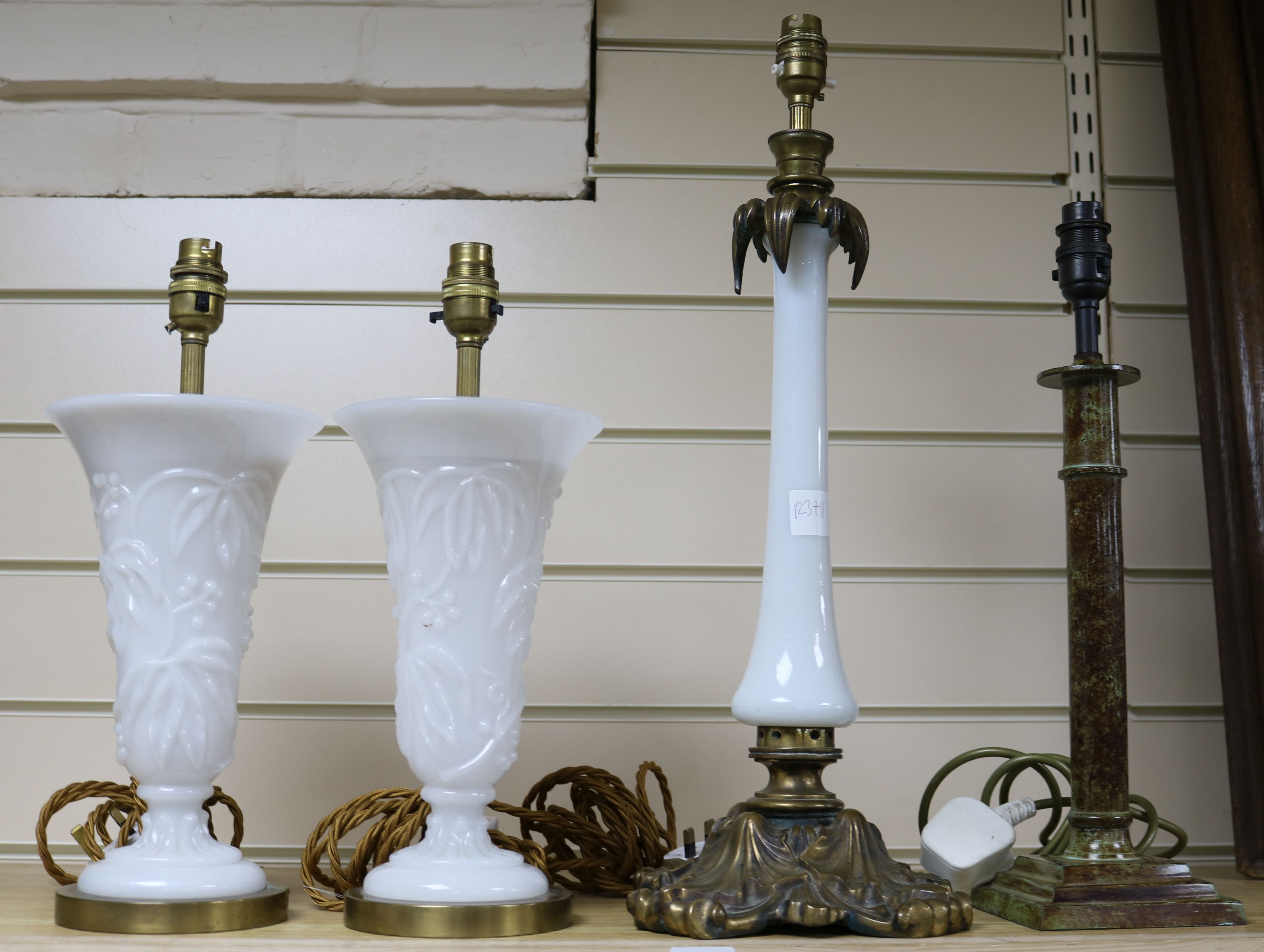 Victorian opaque glass table lamp and 3 other lamps