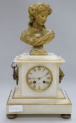 A white marble clock, with bronze bust surmount