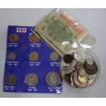 A quantity of assorted coins and banknotes, etc.