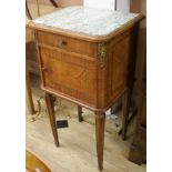 A French inlaid satinwood marble top pot cupboard, W.47cm