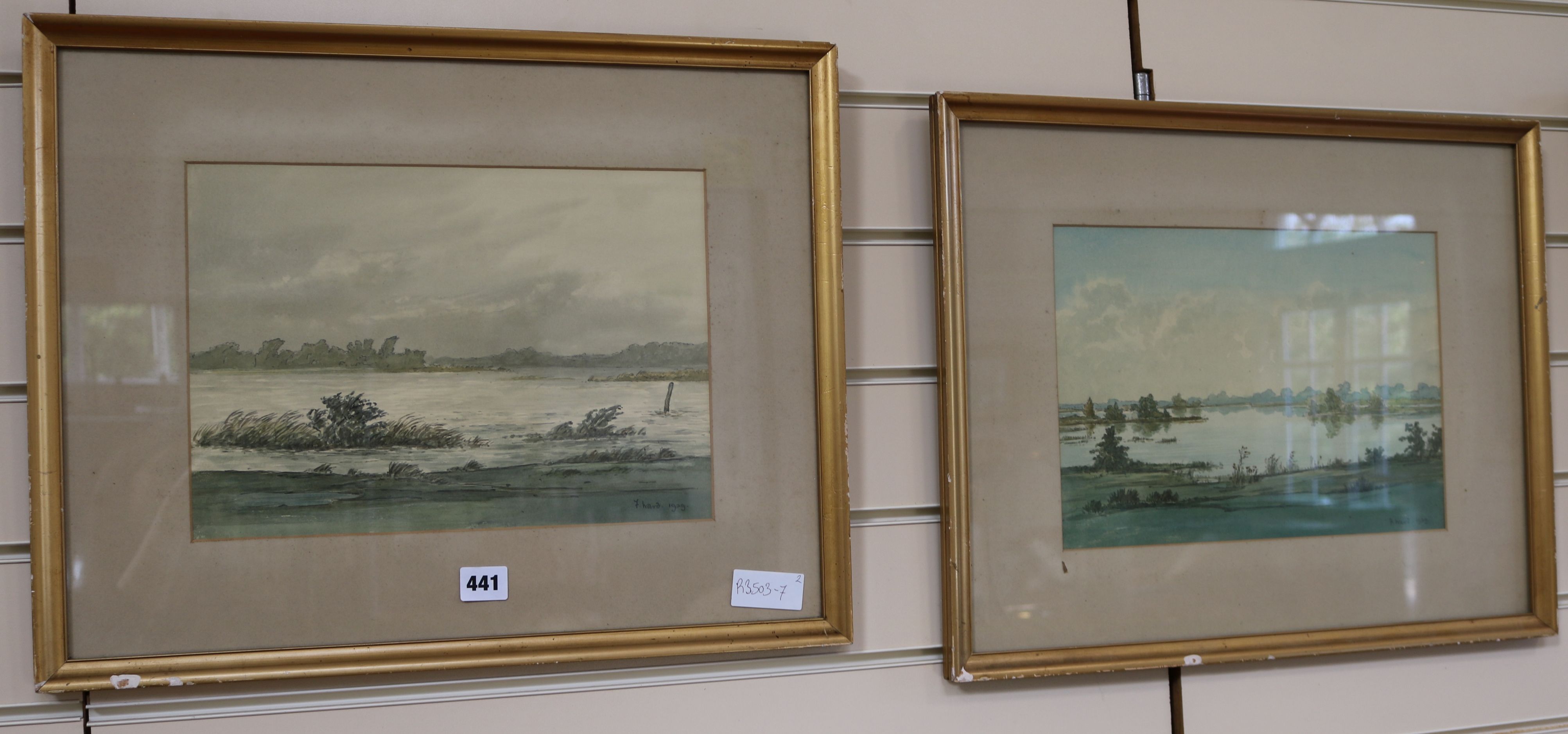 F. Ward' 1929, two watercolours, River landscapes, 9 x 13ins