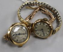 Two 9ct gold cased wrist watches, one with 9ct gold strap and a 9ct gold signet ring.