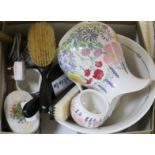 A porcelain floral box, was jug and basin, pot lid and brushes