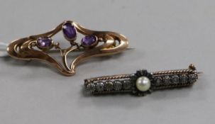 A 9ct gold and amethyst Murrle Bennett brooch and a diamond and cultured pearl set bar brooch,