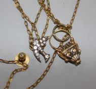 A gold and diamond stud, a paste set swallow brooch, a chain with pendant