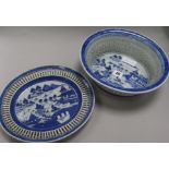 A 19th century Chinese blue and white basket and stand