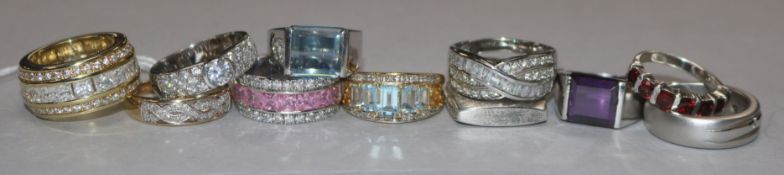 A 9ct gold and diamond gentleman's ring, 9 silver rings, variously stone-set and two gold-plated