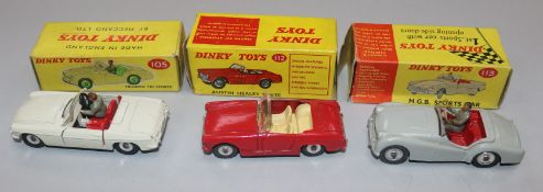 A Dinky Triumph TR2 Sports No. 105 and two other boxed Dinky sports cars, Austin Healey Sprite No.