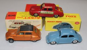 A Dinky Renault Dauphine Minicab No. 268 and two other boxed Dinky cars, Volkswagon No. 181 (correct