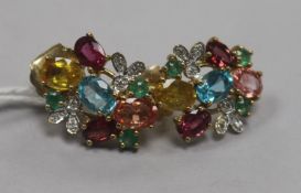 A pair of 9ct gold and multi gem set cluster earrings.