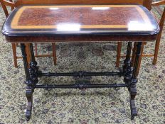 A late Victorian ebonised and burr wood card table, W.102cm
