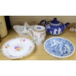 A Chinese blue and white "pudding" bowl, a Wedgwood teapot, a Berlin plate, a Dresden basket and a
