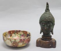 A Satsuma millefiori bowl and a bronze head of a Buddha