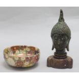 A Satsuma millefiori bowl and a bronze head of a Buddha