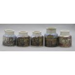 Five Pratt fish paste jars
