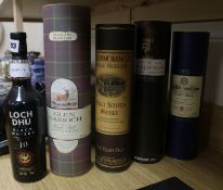 Five assorted bottles of whisky: Loch Dhu 10yo, Glenmorangie 10yo, Old Ballantruan, Tullibardine