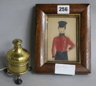 An early 19th century brass spice grinder and a naieve watercolour of a soldier