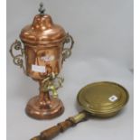 A copper tea urn and a warming pan