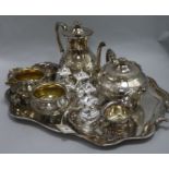 A silver plated tea set, tray, etc