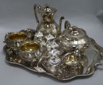 A silver plated tea set, tray, etc