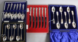 A set of six silver fiddle pattern teaspoons (cased), five other silver teaspoons, six plated