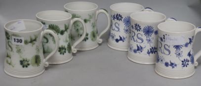 Six Rye pottery mugs monogrammed E M R S (East Malling Research Station)