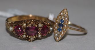 A Victorian 15ct gold, garnet and seed pearl dress ring and a gold, sapphire and seed pearl set