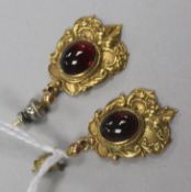 A pair of Victorian style 9ct gold and garnet set drop earrings.