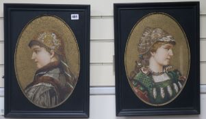 A pair of Continental ceramic oval portrait plaques, 19th century, each painted in Renaissance style