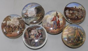 Six Prattware pot lids and bases, including 'Garibaldi' (169), 'Shakespeare's Birthplace' (226,