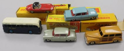 A Dinky Opal Kapitan No. 177 and four other boxed Dinky cars, including Jaguar E-Type No, 120,